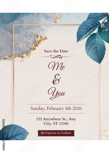 Rustic wedding card with leaves and branches vector. Wedding invitation in watercolor style. Design card template for wedding, birthday, party, celebration, birthday. Save the date, greeting card