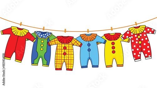 Colorful clown costumes on a clothesline party decoration art