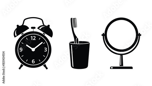 Morning routine essentials alarm clock toothbrush and mirror icon