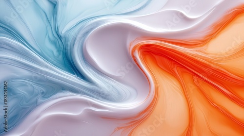 An abstract image featuring a swirling fluid composition with a gradient color scheme, showcasing a blend of blue, white, orange, and red hues.