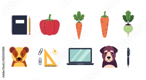 Collection of flat design illustrations featuring animals food and objects