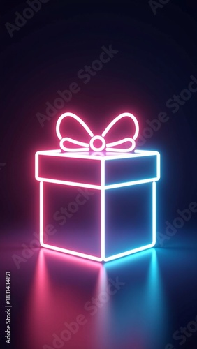 Glow of Giving Neon Gift Box Illuminating Festive Cheer for a Modern Christmas Celebration, Wrapped in Light and Hope