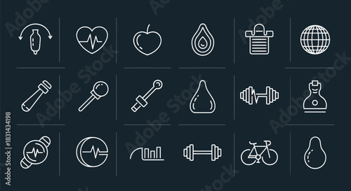 Collection of fitness and wellness icons on dark background
