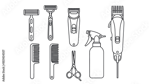 Barber tools illustration set razor comb clipper spray bottle
