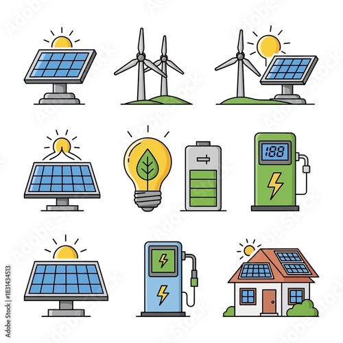 Sustainable energy icons representing solar panels wind turbines electric charging stations and eco friendly homes for a greener future