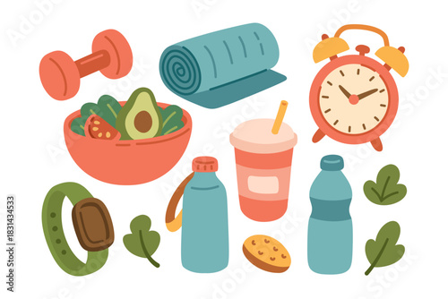 Wellness and fitness accessories cartoon illustration set for lifestyle. Workout gear and healthy food colorful element design pack for healthcare. Dumbbell, yoga mat, alarm, bottle, watch, salad