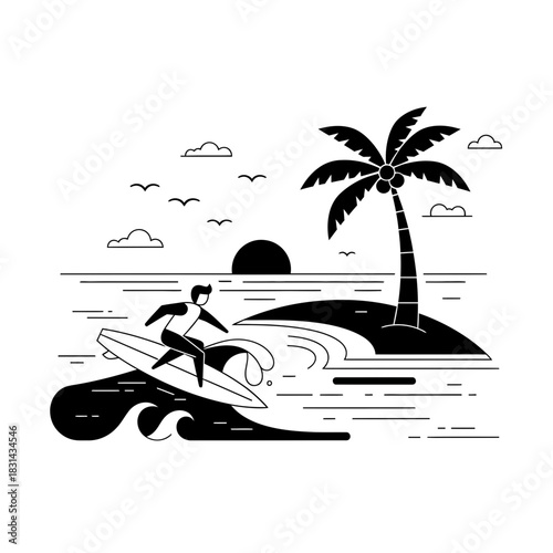 Dynamic surfer rides a wave under a setting sun near a tropical island palm tree, capturing the thrill of ocean adventure and coastal leisure.