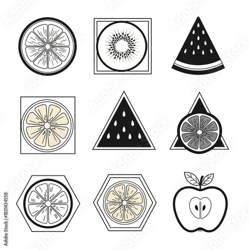 Vibrant fruit illustrations collection including citrus slices, kiwi, watermelon, and apple perfect for healthy branding and design