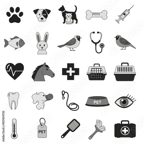 Comprehensive veterinary care icons offering diverse animal health services and pet supplies for modern clinics and websites
