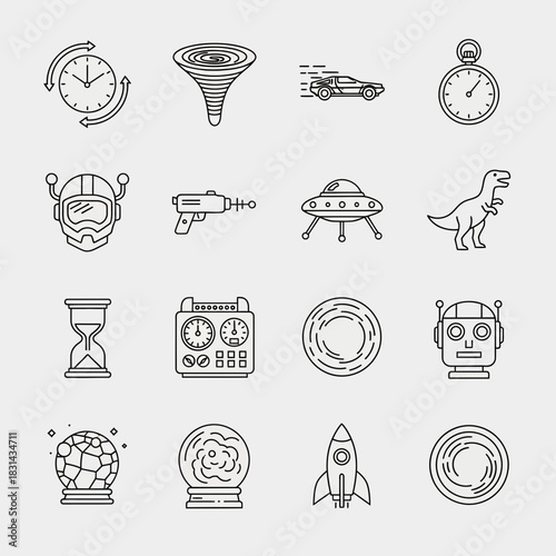 Futuristic icons ignite imagination showcasing time travel, space exploration, and science fiction adventure for dynamic projects