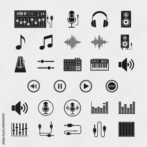 Dynamic collection of modern music production and audio equipment icons for creative projects, studio, and sound design