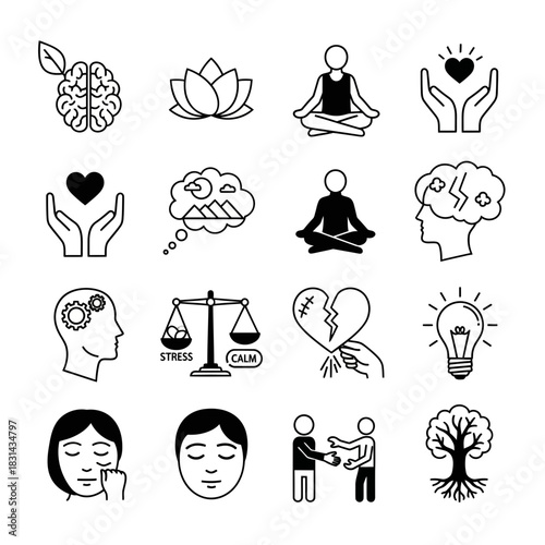 Holistic wellness icons depicting mental health, balance, growth, and emotional well being for modern life