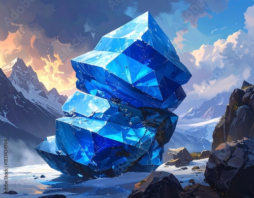 Large blue crystal formation amidst snowy mountains, under dramatic skies