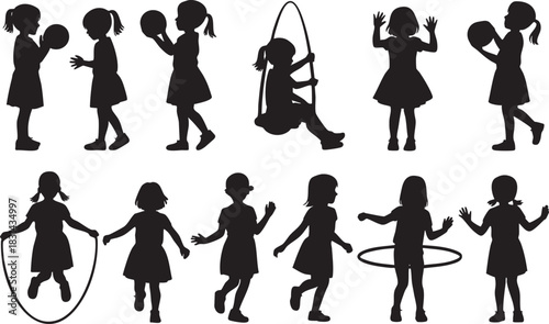 Silhouette girls playing in various activities illustration on a white background