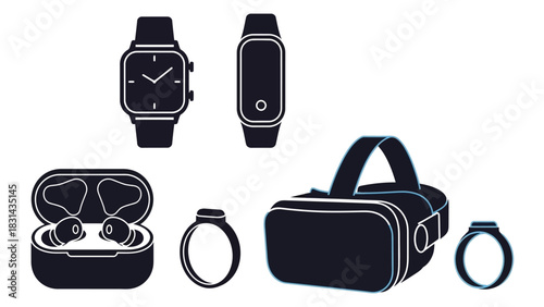 Wearable tech vector illustration smart watch vr headset earbuds