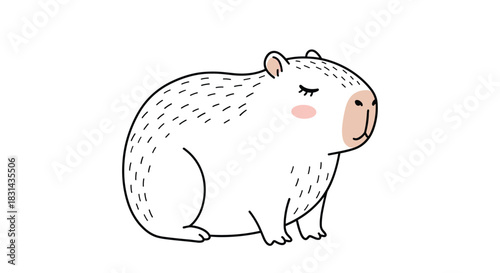 Cute cartoon capybara illustration with closed eyes and a blush, sitting peacefully on a clean white background.