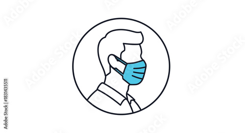 A person is depicted from the side, wearing a light blue protective face mask, indicating health safety protocols or guidelines.