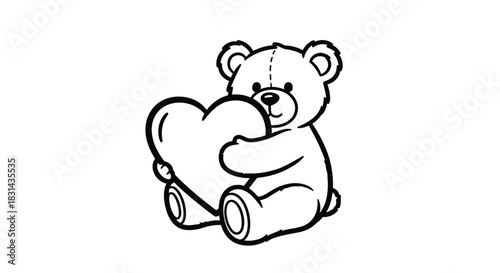 A cute cartoon teddy bear with a friendly expression sits while holding a large heart, perfect for Valentine's Day or love themes.