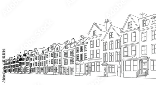 A black and white line drawing illustrating a long row of traditional terraced houses, forming a classic urban streetscape with a receding perspective.