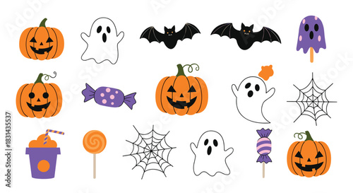 A cheerful collection of festive Halloween-themed cartoon illustrations featuring pumpkins, ghosts, bats, candies, and treats, perfect for seasonal designs.