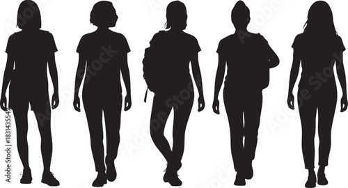 Silhouette of five women walking or standing together in casual wear
