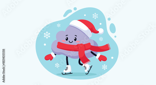 Adorable purple cloud character in a Santa hat, scarf, and mittens, joyfully ice skating amidst falling snowflakes.