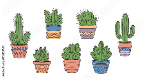 A vibrant collection of unique cartoon cacti in colorful patterned pots, offering a cheerful and decorative botanical illustration.
