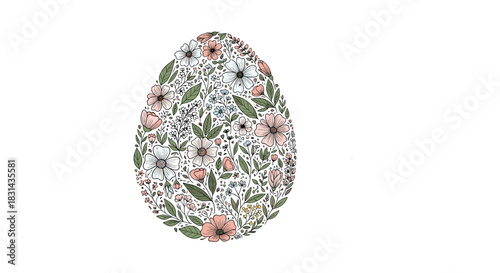 A beautifully illustrated Easter egg adorned with a delicate pattern of pastel flowers and lush green leaves, set against a clean white backdrop.