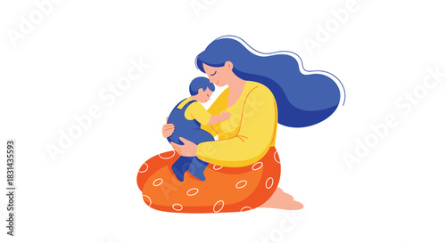 An illustrated scene of a mother tenderly holding her baby, symbolizing care, affection, and the strong bond of motherhood.