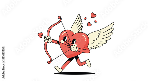 A retro cartoon cupid heart character with wings, holding a bow and arrow, runs happily while shooting hearts of love.