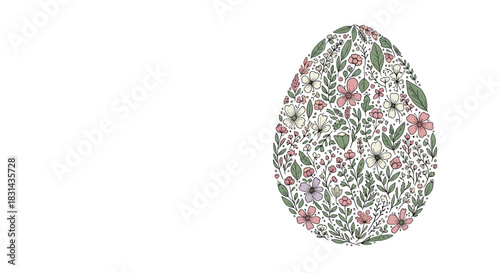 A beautiful Easter egg adorned with a delicate pattern of spring flowers and leaves, rendered in a hand-drawn, illustrative style on a clean white background.
