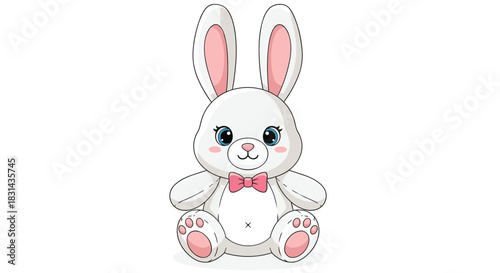 An adorable, fluffy white bunny plush toy with big blue eyes and a pink bow tie, sitting cutely against a clean white background.