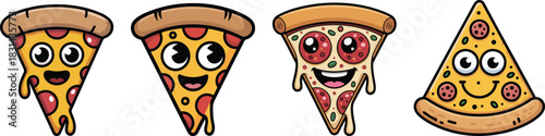 Adorable cartoon pizza slices with smiling faces