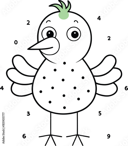 Outline drawing of a cartoon bird with numbers for counting or coloring illustration