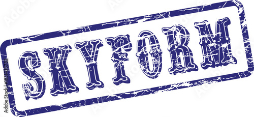 Distressed blue rubber stamp impression of SKYFORM for official corporate labeling