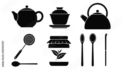 Tea ceremony vector graphic with teapots spoons and tea leaves