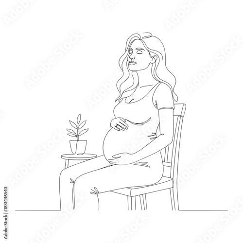 Serene pregnant woman sitting, gently holding belly, continuous line art.