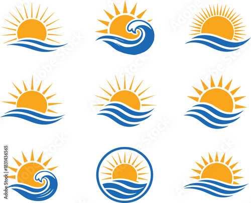 Stylized sun and ocean wave vector icons for summer vacation