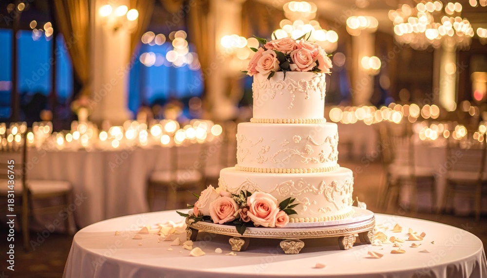 custom made wallpaper toronto digitalElegant three-tiered cake with floral accents, on a table. Decorated dining hall setting