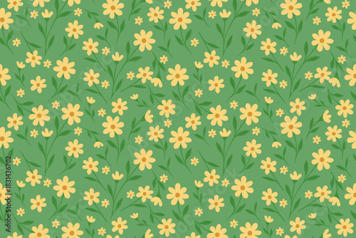 A seamless pattern of soft yellow daisy flowers and green leaves on a muted green background, creating a fresh, calm, and natural botanical design.