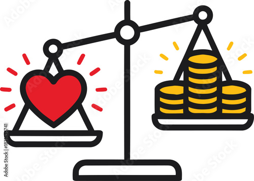Love and money balanced on a scale representing life choices