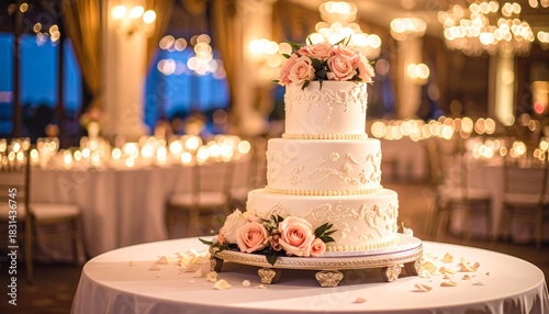 Wallpaper Mural Elegant three-tiered cake with floral accents, on a table. Decorated dining hall setting Torontodigital.ca
