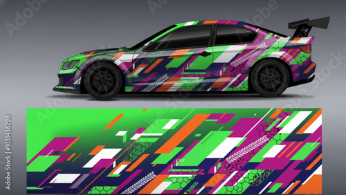 A sporty car with a vibrant, colorful circuit board-inspired graphic wrap design, showcasing the full pattern below.