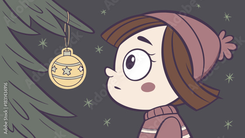 Girl admiring christmas tree ornament holiday season celebration festive winter cartoon character illustration