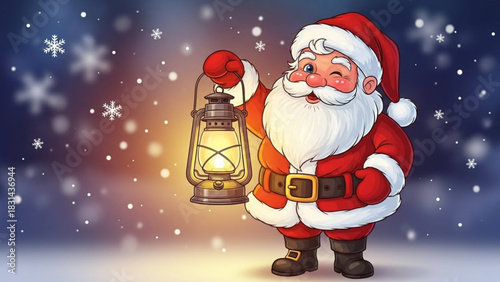 Charming illustration of santa claus winking while holding a glowing lantern amidst a gentle, snowy winter night scene with falling snowflakes