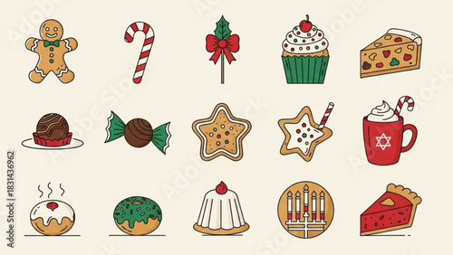 Collection of various holiday and christmas sweet treats icons including gingerbread man, candy cane, cupcake, pie slice, donut, and hanukkah symbols