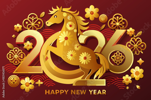 Vector illustration of Happy Chinese New Year 2026, featuring elegant horse silhouette, ornate flowers, and festive decorative elements on red background