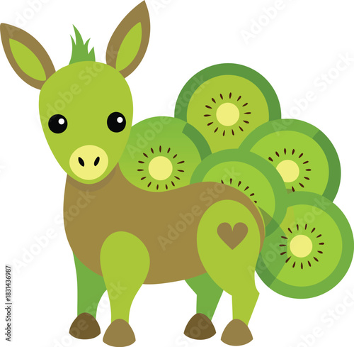 Charming Green Donkey With A Heart On Its Hip Surrounded By Kiwi Slices fruit character