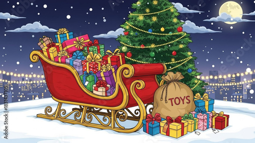 A festive illustration of santas red and gold sleigh overflowing with colorful wrapped presents next to a large sack labeled toys and a decorated christmas tree under a night sky with a full moon