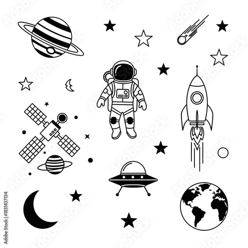 Explore the cosmos with a brave astronaut, soaring rocket, and celestial wonders like planets, stars, and Earth, inspiring dreams of space adventure.